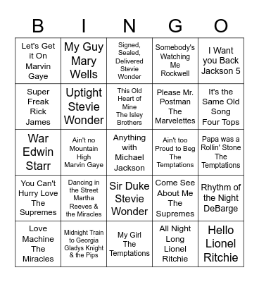 Motown Trivia Night Bingo Card