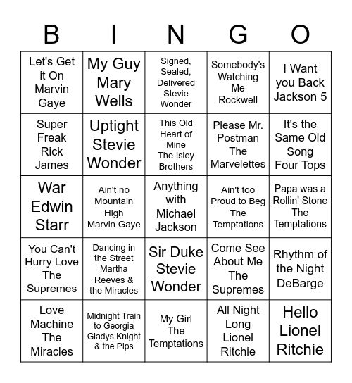 Motown Trivia Night Bingo Card