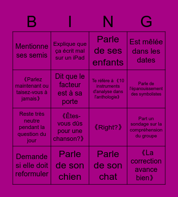 Le bingo du cours de Claudia Caron Bingo Card