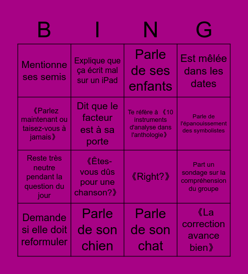 Le bingo du cours de Claudia Caron Bingo Card