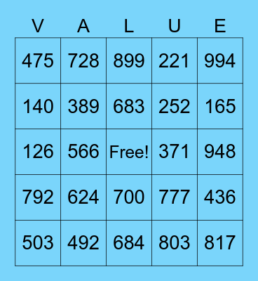 Place Value Review Bingo Card