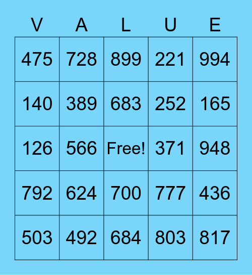 Place Value Review Bingo Card