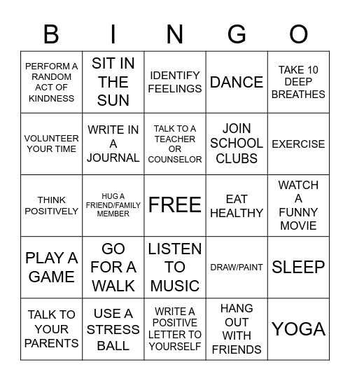 Mental Health Bingo Card