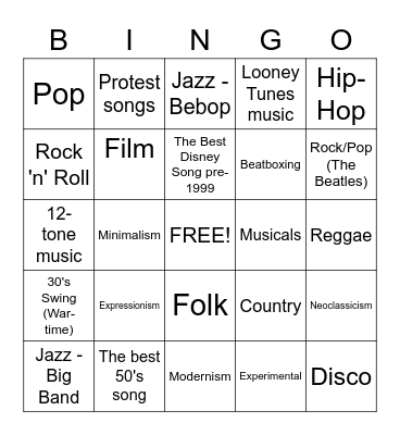 20th Century Music Bingo Card