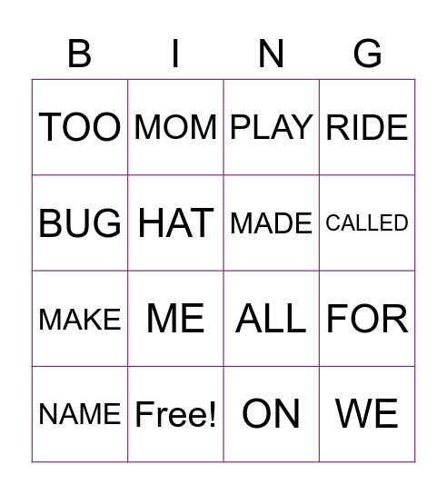 SIGHT WORDS Bingo Card