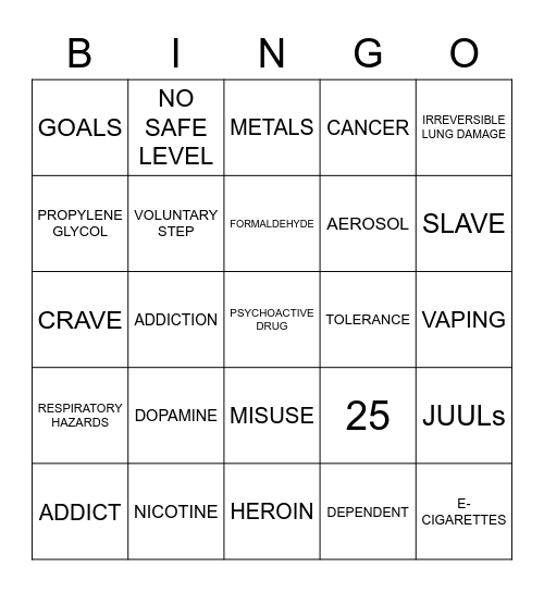 E-CIGARETTE/VAPING BINGO 2 Bingo Card