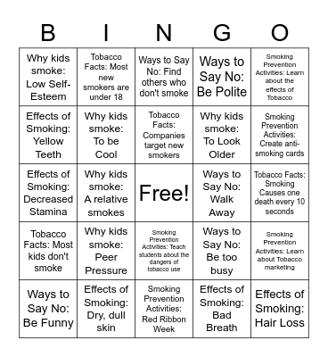 Smoking Prevention Bingo  Bingo Card