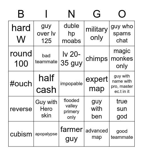 BTD6 coop quick match bingo Card