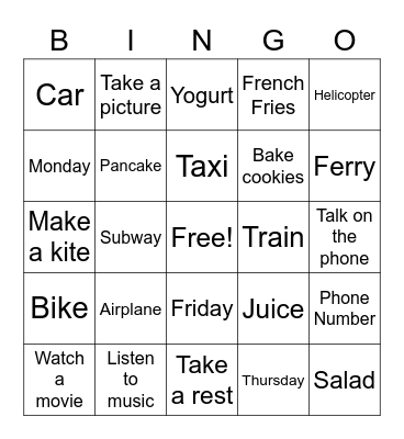 Vocabulary Bingo Card