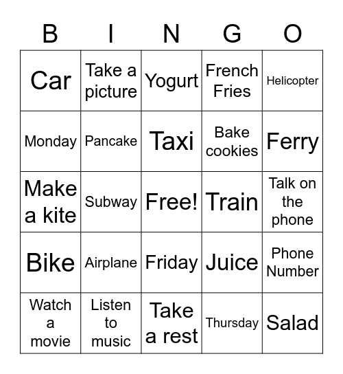 Vocabulary Bingo Card