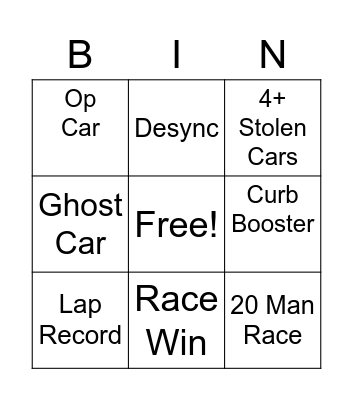 NoPixel Racing Bingo Card