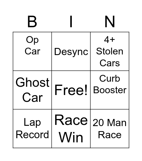 NoPixel Racing Bingo Card