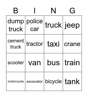 Land Transportation Bingo Card
