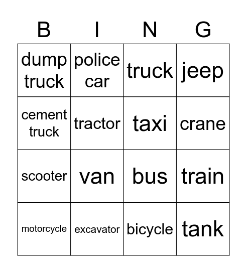 Land Transportation Bingo Card