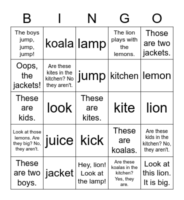 J & K + L Bingo Card