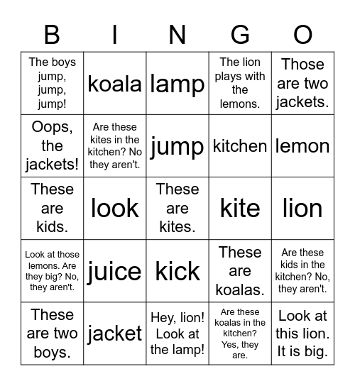 J & K + L Bingo Card
