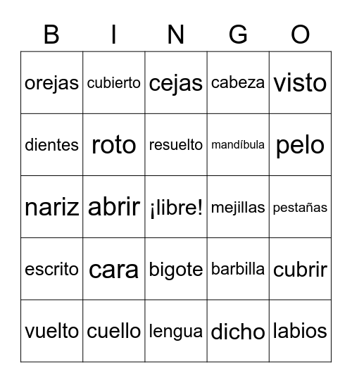 Face & Participles Bingo Card