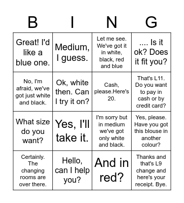 In a clothes shop Bingo Card