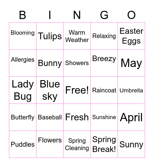 Spring Break Bingo Card