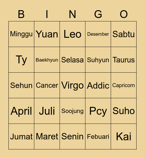 Punya teayonng Bingo Card