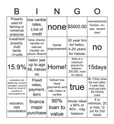 Home Equity Bingo Card