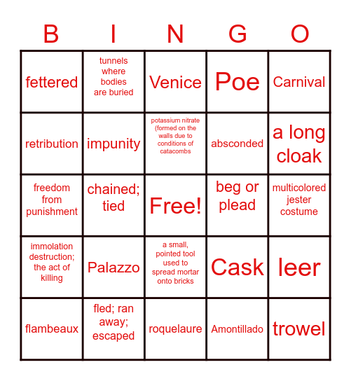 The Cask of Amontillado Bingo Card