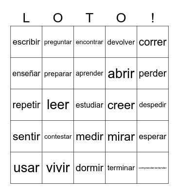 All present tense verbs- meanings! Bingo Card