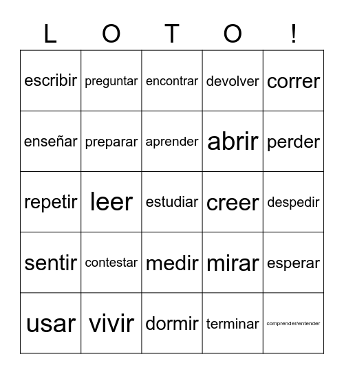 All present tense verbs- meanings! Bingo Card