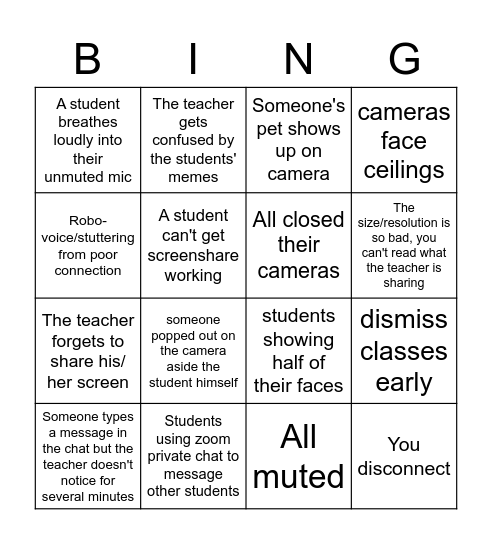 Online Classes Bingo Card