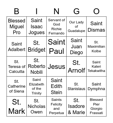 Saint Bingo Card