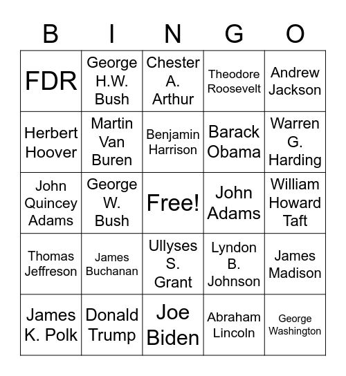 Presidents Bingo Card