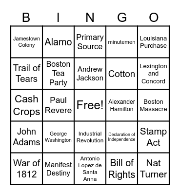 US History Bingo Card