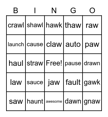 Variant Vowels: aw and au Bingo Card