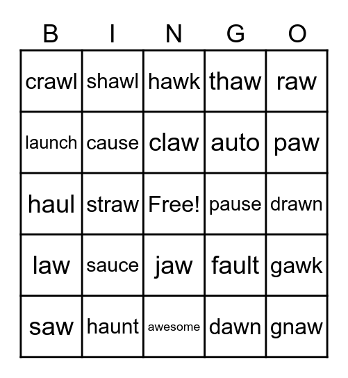 Variant Vowels: aw and au Bingo Card