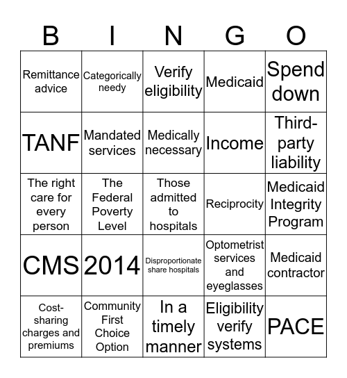 Medicaid Bingo Card