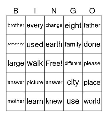 Trick Word Bingo Card