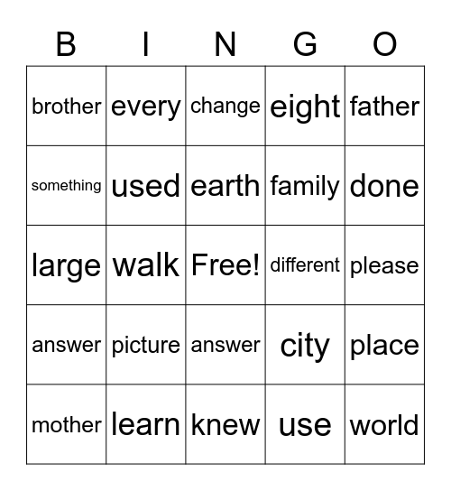 Trick Word Bingo Card