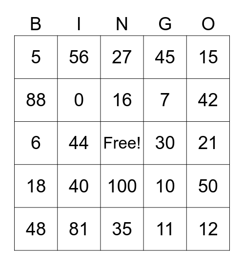 Multiplication Bingo Card