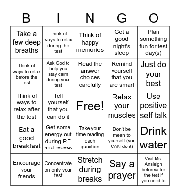 Test Day BINGO Card