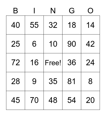 Multiplication Bingo Card