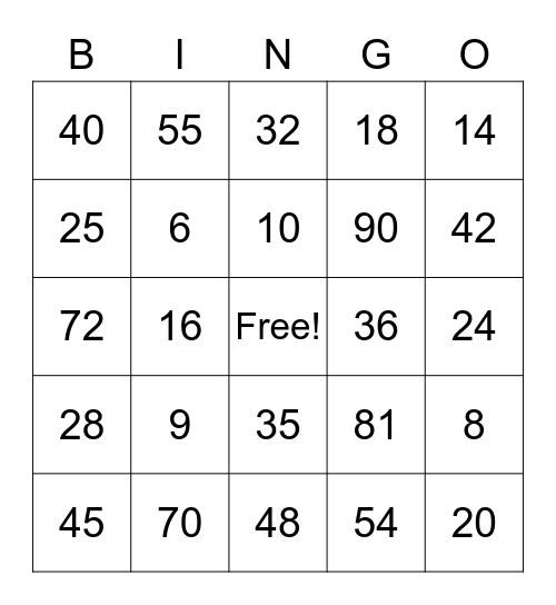 Multiplication Bingo Card