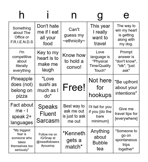 HINGE Bingo Card