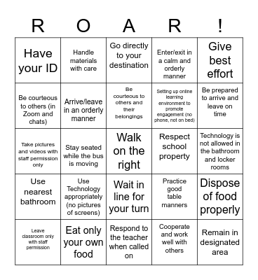 ROAR Expectations Bingo Card