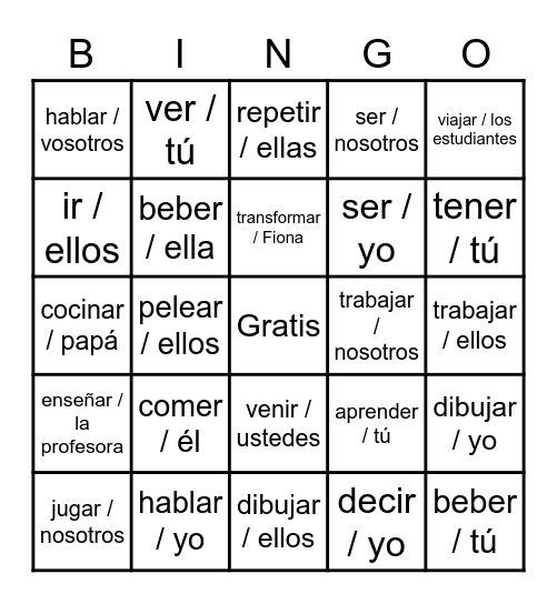 Imperfect Conjugations Bingo Card