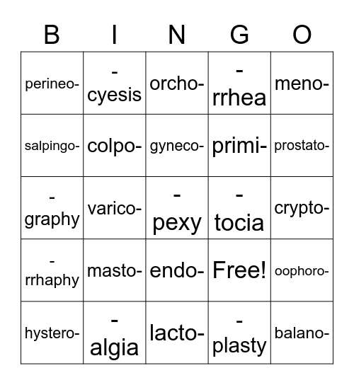 Female & Male Reproductive Bingo Card