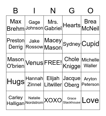 Family Day Valentines Party Bingo Card