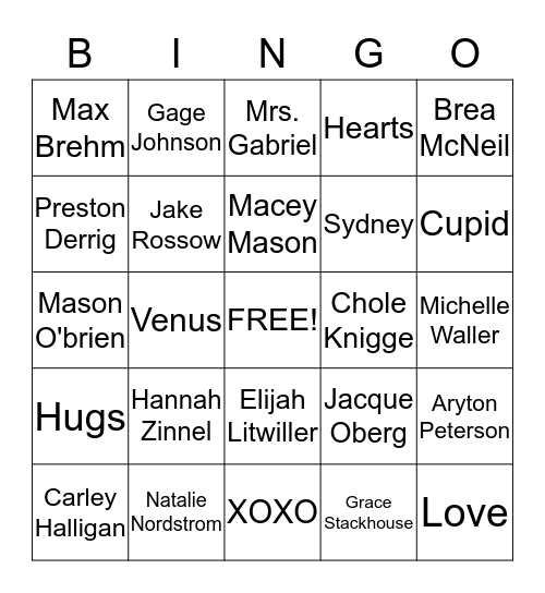 Family Day Valentines Party Bingo Card