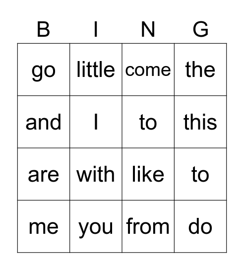 Sight Word Bing Bingo Card