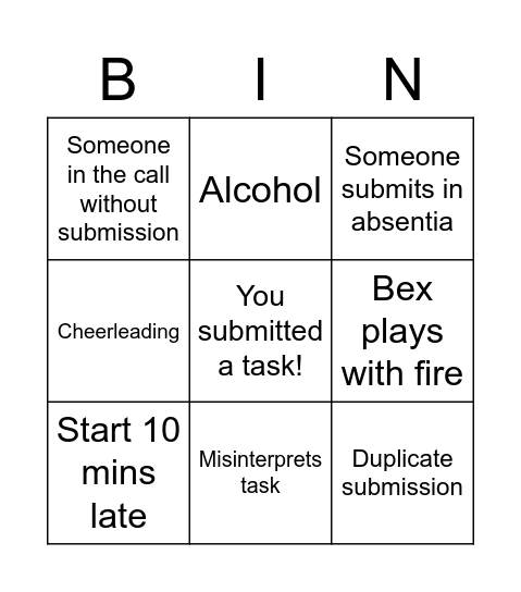 Taskmaster Bingo Card