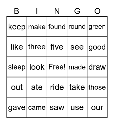 CKLA Sight Words BINGO Card